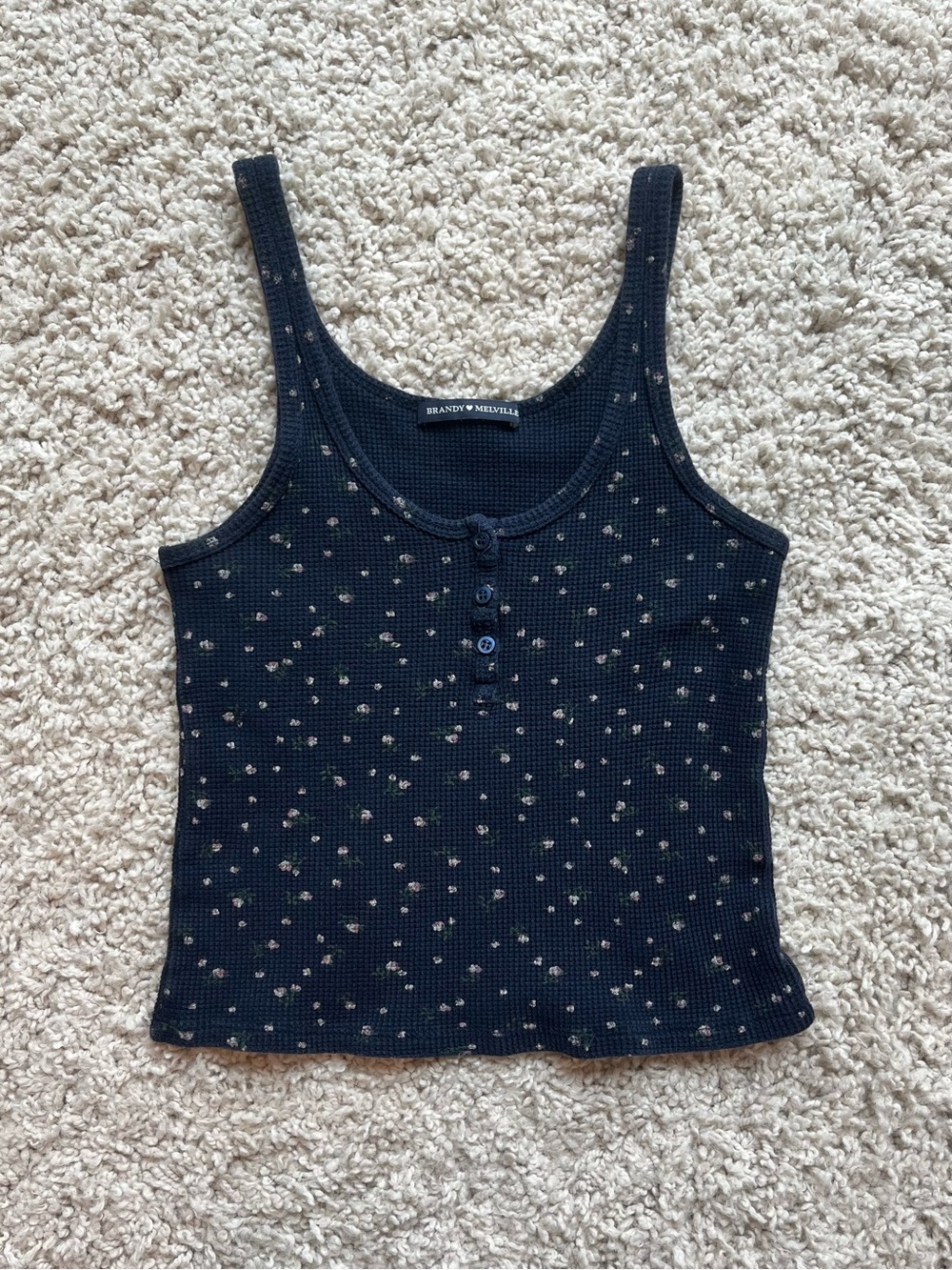 Brandy Melville Navy Tank Top with Cream Floral Pattern - Picture 1 of 7